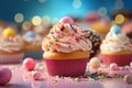 Delicious Dessert Cupcakes with Cream Topping and Sprinkle of Meses and Candy