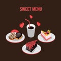 Delicious dessert poster Donut Cake Coffee background Food isometric style Royalty Free Stock Photo