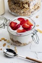 Delicious dessert of strawberries, yogurt and sugar-free cereals