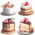 Delicious desserts, pastries, cupcakes, birthday cakes with celebration candles and chocolate slices. Set of colorful