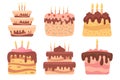 Delicious desserts, pastries, cupcakes, birthday cakes with holiday candles. Set of colorful cartoon illustrations.