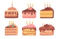 Delicious desserts, pastries, cupcakes, birthday cakes with holiday candles. Set of colorful birthday cakes.