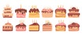 Delicious desserts, pastries, cupcakes, birthday cakes with holiday candles. Set of colorful birthday cakes.