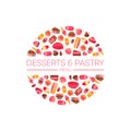 Delicious Desserts and Pastries Round Shape, Confectionery, Candy Shop Design Element Vector Illustration Royalty Free Stock Photo