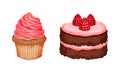 Delicious desserts set. Sweet cupcake and piece of cake vector illustration Royalty Free Stock Photo