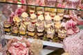 Delicious desserts at the wedding candy bar in the buffet area: glasses with layered dessert with chocolate, cream, nuts, souffle Royalty Free Stock Photo