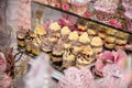 Delicious desserts at the wedding candy bar in the buffet area: glasses with layered dessert with chocolate, cream, nuts, souffle Royalty Free Stock Photo