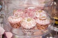Delicious desserts at the wedding candy bar in the buffet area: muffins decorated with angels, cameo, sugar rosebuds and gold dye