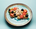 Delicious diet breakfast cereal sandwiches with peanut butter, honey and fresh fruits and berries on a plate, top view. Royalty Free Stock Photo