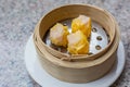 Delicious dim sum or dumpling is a snack from China and Hong Kong. Shumai or Kanom Jeeb or Steamed Pork and Shrimp Dumplings Royalty Free Stock Photo