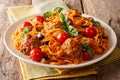 Delicious dinner: meat balls with pasta spaghetti, eggplant and