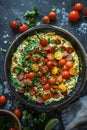 A delicious dish featuring sausage and plum tomatoes on a table Royalty Free Stock Photo