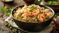 A dish of Yeung chow fried rice with shrimp, peas, and rice on a wooden table Royalty Free Stock Photo