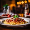 a delicious dish of homemade spaguetti bolognese on a plate on a table in an italian restaurant Royalty Free Stock Photo