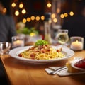 a delicious dish of homemade spaguetti carbonara on a plate on a table in an italian restaurant Royalty Free Stock Photo