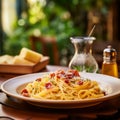 a delicious dish of homemade spaguetti carbonara on a plate on a table in an italian restaurant Royalty Free Stock Photo