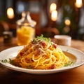 a delicious dish of homemade spaguetti carbonara on a plate on a table in an italian restaurant Royalty Free Stock Photo