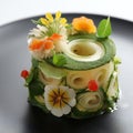 Delicious dish in micheline star restaurant, made with orange, white colors and green sprouts, luxury life, vegetarian