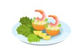 Delicious dish - shrimp, with a delicate salad, greens and lemons.