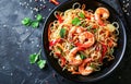 Stir-Fried Shrimp and Vegetables With Noodles in a Black Bowl on Dark Surface
