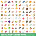 100 delicious dishes icons set, isometric 3d style Royalty Free Stock Photo