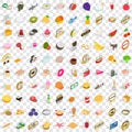 100 delicious dishes icons set, isometric 3d style