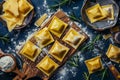 Fresh homemade ravioli pasta on a wooden board. Rustic and appetizing food photography. Perfect for culinary blogs and