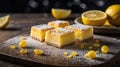 Delicious Lemon Bars with Powdered Sugar on Rustic Wooden Board with Fresh Lemon Royalty Free Stock Photo