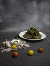 Delicious dolma sarma stuffed grape leaves rice, white yogurt sauce. Lebanese dolma sarma on plate Royalty Free Stock Photo