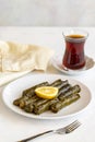 Stuffed grape leaves on white background. Lebanese dolma sarma on plate Royalty Free Stock Photo