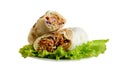 A delicious doner kebab wrap with spicy meat, lettuce, tomato, red onion and sauce. Royalty Free Stock Photo