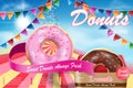 Delicious donut ads with flying flavor. Strawberry and chocolate donuts on blue background. Vector illustration Royalty Free Stock Photo