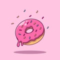 Donut Flying with Sprinkles and Dripping Cream on Pink Background. Flat Cartoon Vector Illustration Isolated.