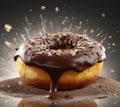 Delicious donut frosted with chocolate and sprinkled with chunks. Created with generative AI