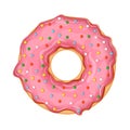 Delicious donut with pink icing with bright sweet sprinkles isolated on white background. Realistic vector illustration Royalty Free Stock Photo