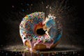 A delicious donut with sprinkles and a hole in the middle of it that is exploding and has been photographed on a dark background