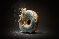 A delicious donut with sprinkles and a hole in the middle of it that is exploding and has been photographed on a dark background