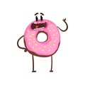 Delicious donut standing and waving hand. Cartoon character of vanilla glazed doughnut with happy face expression. Flat Royalty Free Stock Photo