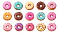 Delicious donuts cartoon set. Isolated donut with glaze, bakery collection. Fresh tasty food, breakfast or snack. Vector