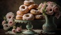 Delicious donuts with sugar glaze and sprinkles on vintage background