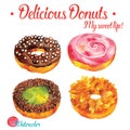 Delicious donuts in watercolor vector illustration set