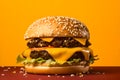 A delicious double beef cheeseburger sits on a wooden table