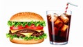 Delicious double cheeseburger with lettuce and tomato and a glass of cola with ice cubes Royalty Free Stock Photo