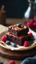 Delicious double-decker chocolate brownies topped with fresh berries on rustic wooden table. Generative AI Royalty Free Stock Photo