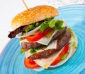 Double tasty hamburger with beef cutlet, fresh vegetables and cheese