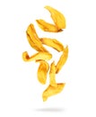 Delicious dried mango in the air isolated on white background Royalty Free Stock Photo