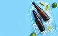 Two full dark bottles of beer without labels, lie with ice cubes and lime pieces with flowing drops Royalty Free Stock Photo