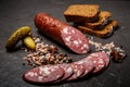 delicious dry salami sausage with rye bread and pickled cucumbers Royalty Free Stock Photo