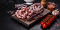 Delicious dry sausage with walnuts on a concrete table. Dry cured fuet sausage on a dark background Royalty Free Stock Photo