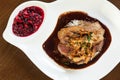 Delicious duck breast dish with gravy and rice Royalty Free Stock Photo